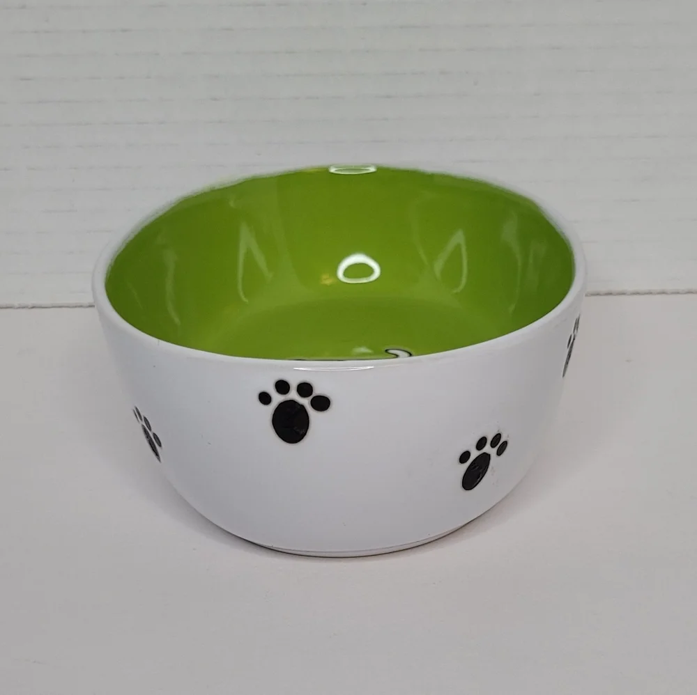 Green Oval Cat Bowl with Cartoon Cat Design and Paw Prints